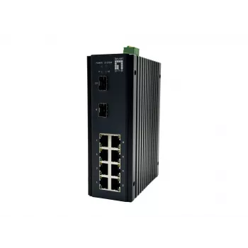 LevelOne 10-porttinen L2 Plus -hallittava Gigabit-teollisuuskytkin, 8x 1GbE RJ45, 2x 1/2.5GbE SFP, DIN-kisko, -40°C–75°C