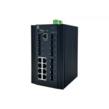 LevelOne 20-porttinen L2 Plus -hallittava teollisuuskytkin, 8 x 1GbE RJ45, 8 x 1GbE SFP, 4 x 1/2.5/10GbE SFP+, DIN-kisko, -40°C–80°C