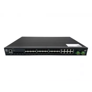 LevelOne 28-porttinen L2 Plus -hallittava Gigabit-kuitu-teollisuuskytkin, 4x 1,25/2,5GbE SFP, 16x 1,25GbE SFP, 8x Gigabit SFP/RJ45 Combo, redundantti virransyöttö, -40°C–80°C