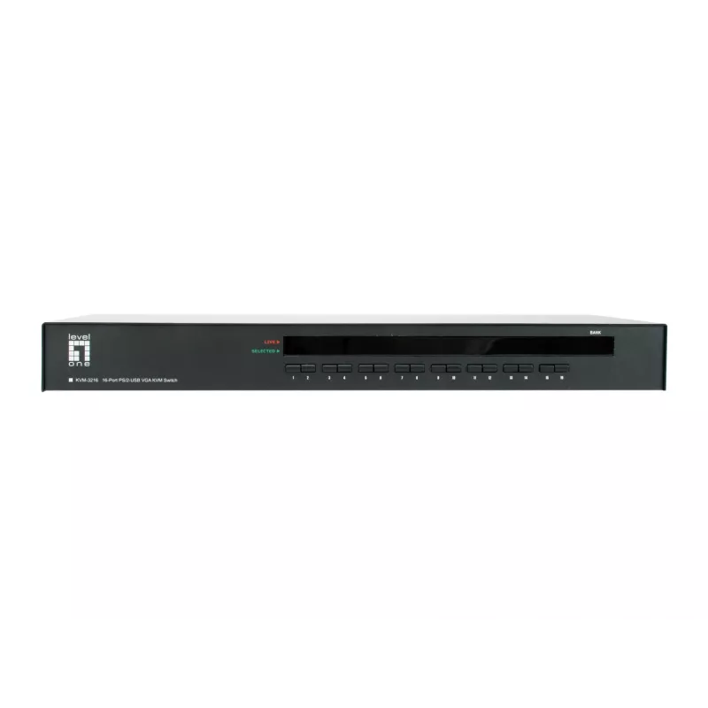 LevelOne 16-Port PS/2-USB VGA KVM -kytkin, 2048 x 1536 pikseliä, räkkiasennus, 1U, musta