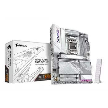 GIGABYTE X870E AORUS ELITE WIFI7 ICE -emolevy - tukee AMD Ryzen 9000 -suorittimia, 16+2+2 vaihe digitaalinen VRM, jopa 8200Hz DDR5 (OC), 3xPCIe 5.0 + 1xPCIe 4.0, Wi-Fi 7, 2.5GbE LAN, USB 4