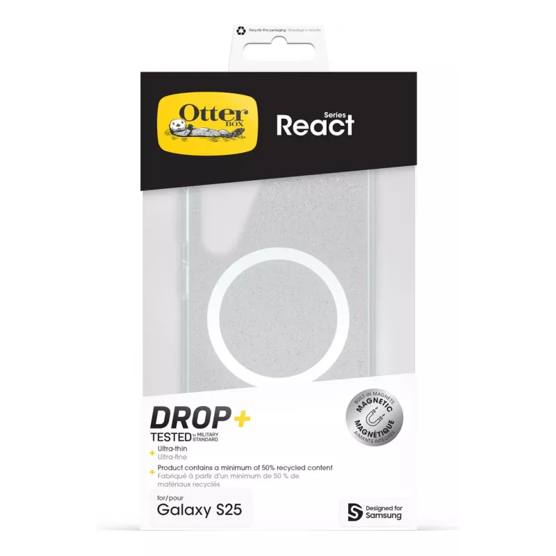Samsung Otterbox React Case magneeteilla Galaxy S25, kotelo, Samsung, Galaxy S25, 15,8 cm (6,2 tuumaa), musta, läpinäkyvä