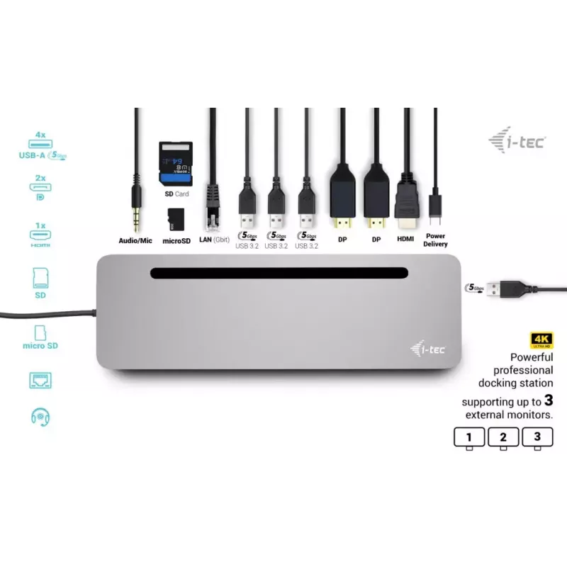 i-tec USB-C metalli ergonominen 3x 4K näyttö telakointiasema + Power Delivery 100 W