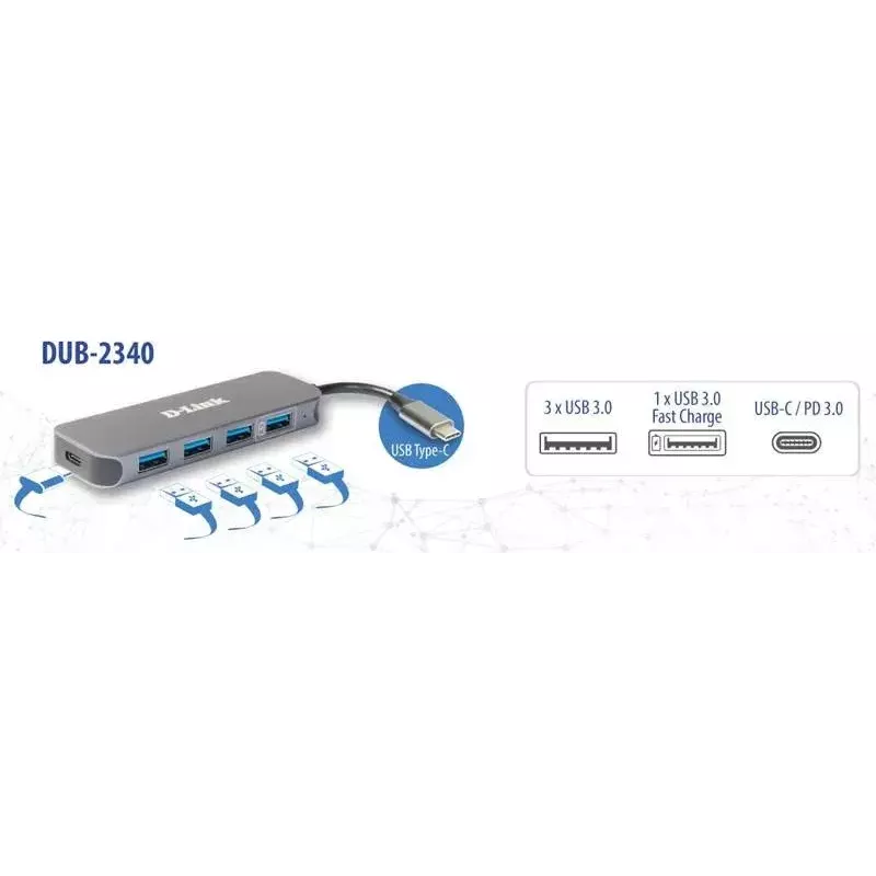 USB-keskitin D-Link DUB-2340 USB-C 4-porttinen USB 3.0 Power Delivery 60W