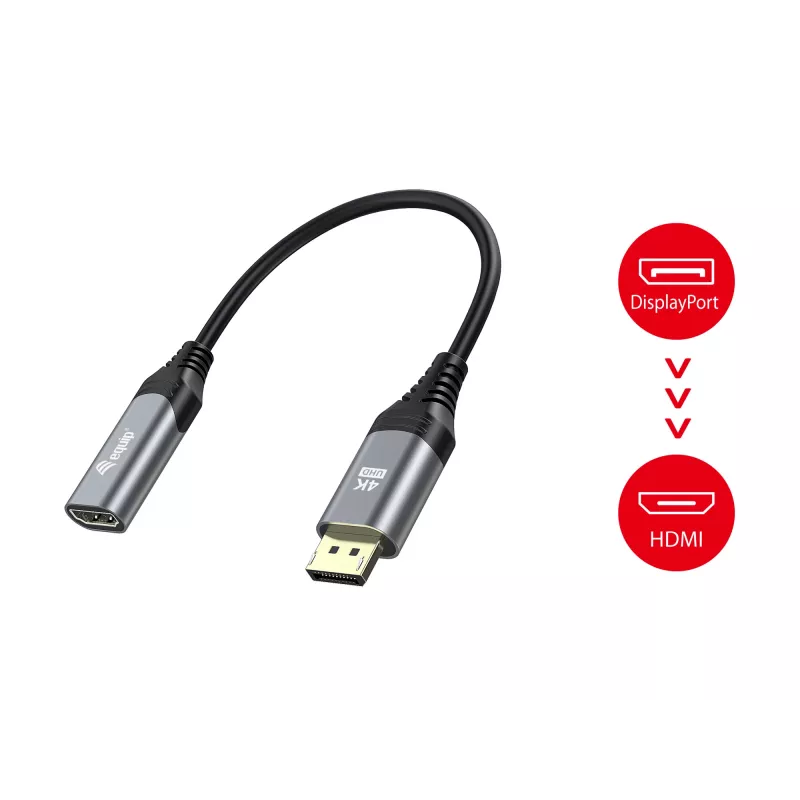 Equip DisplayPort 1.2 - HDMI -adapteri, 4K/60Hz, 0,15 m, DisplayPort, HDMI, uros, naaras, suora