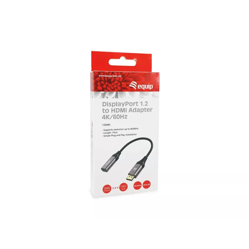 Equip DisplayPort 1.2 - HDMI -adapteri, 4K/60Hz, 0,15 m, DisplayPort, HDMI, uros, naaras, suora