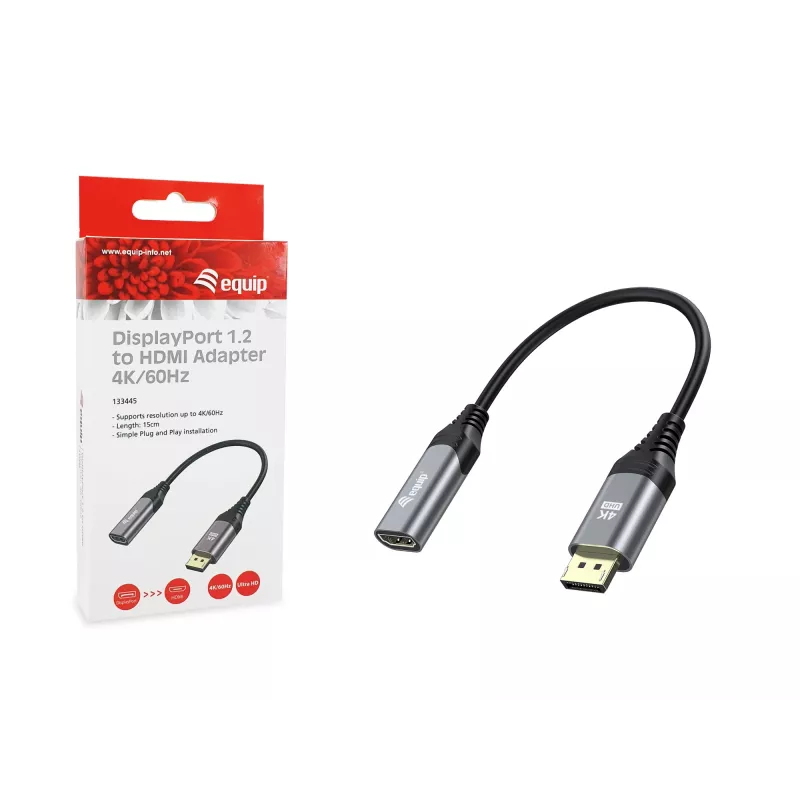 Equip DisplayPort 1.2 - HDMI -adapteri, 4K/60Hz, 0,15 m, DisplayPort, HDMI, uros, naaras, suora