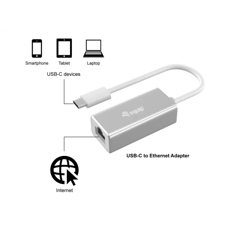 Equip USB Type-C - RJ45 Gigabit -verkkoadapteri, kaapeloitu, USB Type-C, Ethernet, 1000 Mbit/s, hopea