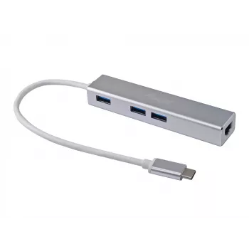 Equip USB-C - 3-porttinen USB 3.0 -keskitin Gigabit-adapterilla, USB 3.2 Gen 1 (3.1 Gen 1) Type-C, hopea, USB 3.2 Gen 1 (3.1 Gen 1) Type-A, WLAN, alumiini, 22 mm, 15 mm