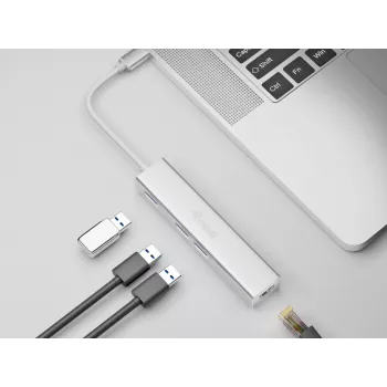Equip USB-C - 3-porttinen USB 3.0 -keskitin Gigabit-adapterilla, USB 3.2 Gen 1 (3.1 Gen 1) Type-C, hopea, USB 3.2 Gen 1 (3.1 Gen 1) Type-A, WLAN, alumiini, 22 mm, 15 mm