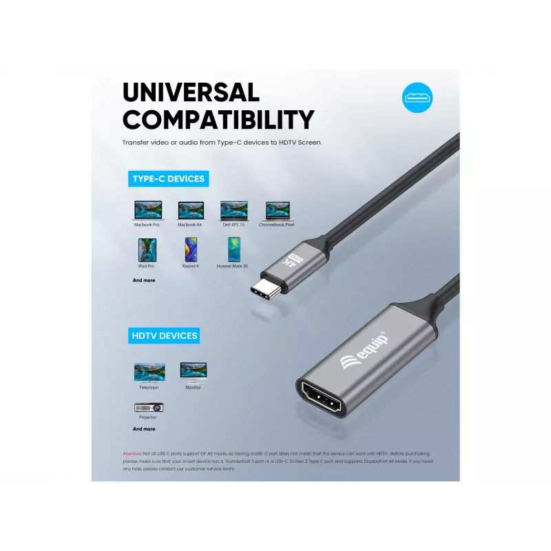 Equip USB-C - HDMI 2.0 -adapteri, 4K/60Hz, 0,15 m, USB Type-C, HDMI, uros, naaras, suora