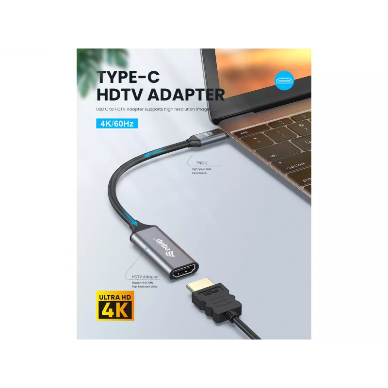 Equip USB-C - HDMI 2.0 -adapteri, 4K/60Hz, 0,15 m, USB Type-C, HDMI, uros, naaras, suora