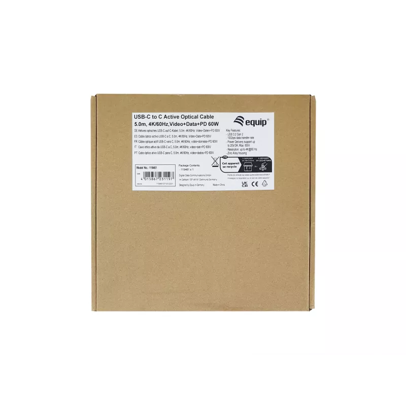 Equip USB-C - C aktiivinen optinen kaapeli, M/M, 5,0 m, PD 60 W, 4K/60 Hz, 10 Gbit/s, video+data+PD