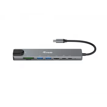 Equip USB-C 8-in-1 -monitoimiadapteri, kaapeloitu, USB Type-C, 100 W, 1000 Mbit/s, 1000BASE-T, IEEE 802.3ab