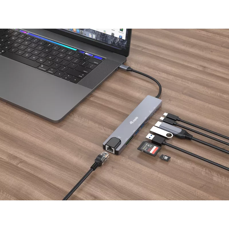 Equip USB-C 8-in-1 -monitoimiadapteri, kaapeloitu, USB Type-C, 100 W, 1000 Mbit/s, 1000BASE-T, IEEE 802.3ab