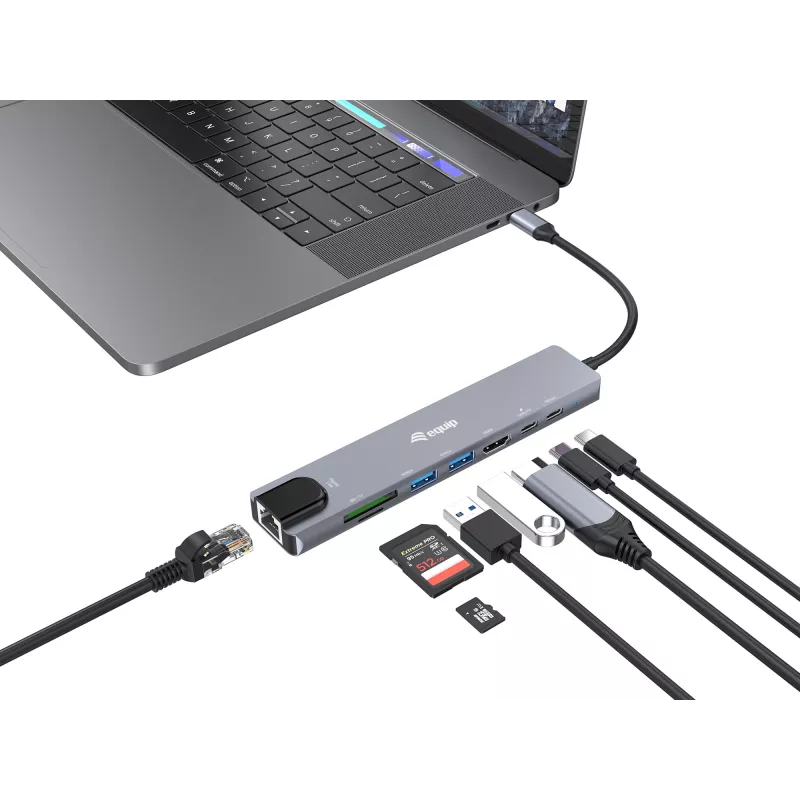 Equip USB-C 8-in-1 -monitoimiadapteri, kaapeloitu, USB Type-C, 100 W, 1000 Mbit/s, 1000BASE-T, IEEE 802.3ab