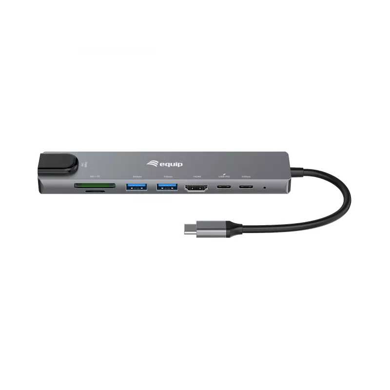 Equip USB-C 8-in-1 -monitoimiadapteri, kaapeloitu, USB Type-C, 100 W, 1000 Mbit/s, 1000BASE-T, IEEE 802.3ab