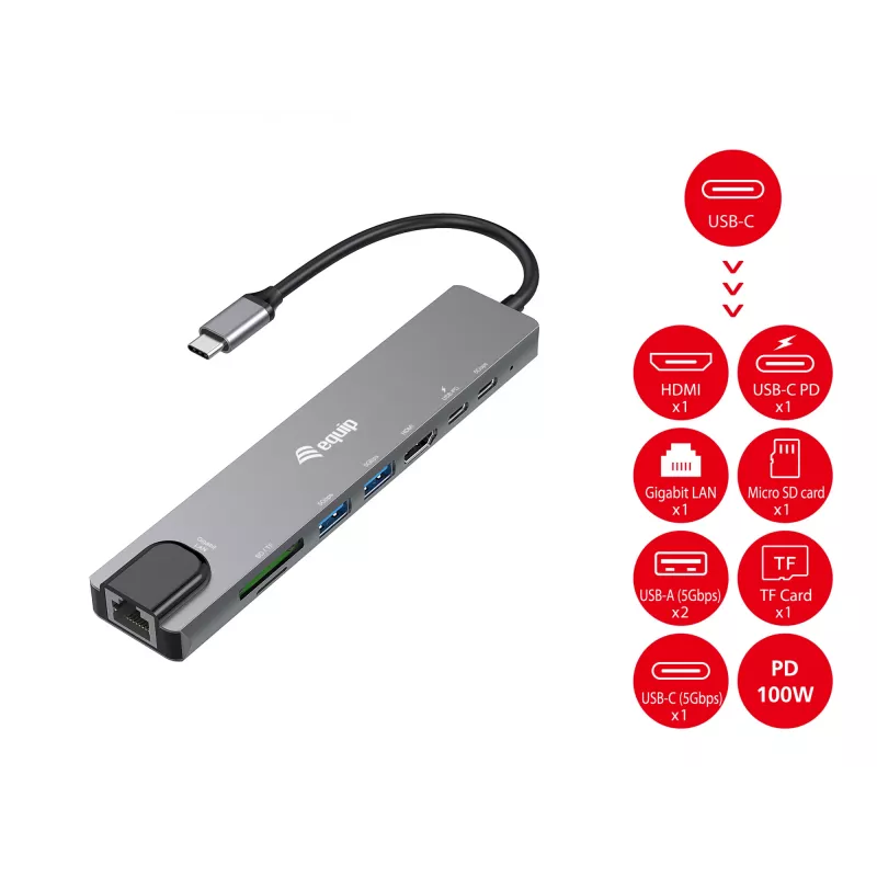 Equip USB-C 8-in-1 -monitoimiadapteri, kaapeloitu, USB Type-C, 100 W, 1000 Mbit/s, 1000BASE-T, IEEE 802.3ab