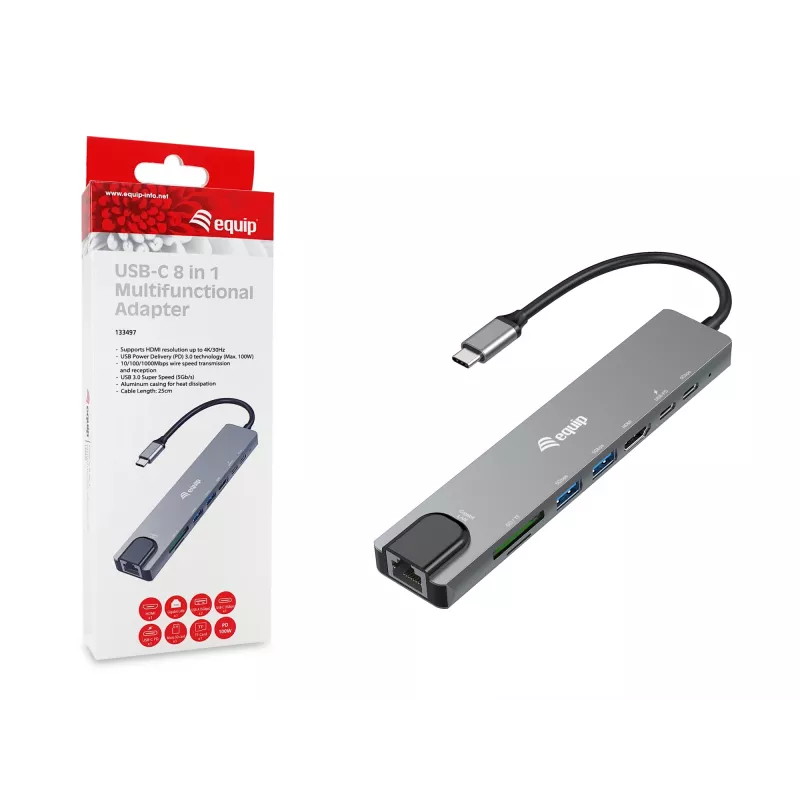Equip USB-C 8-in-1 -monitoimiadapteri, kaapeloitu, USB Type-C, 100 W, 1000 Mbit/s, 1000BASE-T, IEEE 802.3ab