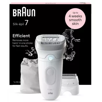 Epilaattori BRAUN Silk-épil 7 7-041 — langaton märkä- ja kuivaepilaattori MicroGrip-toiminnolla, hieronta, ajokone ja bikinitrimmeri, harmaa/valkoinen