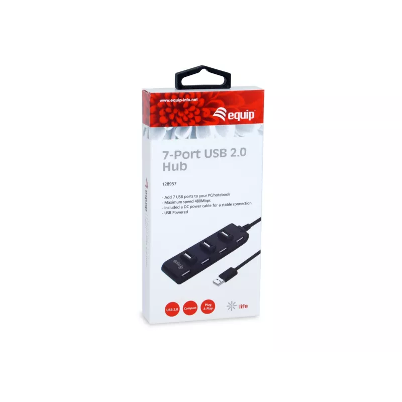 Equip 7-porttinen USB 2.0 -keskitin, USB 2.0, USB 2.0, 480 Mbit/s, musta, Kiina, CE, RoHS