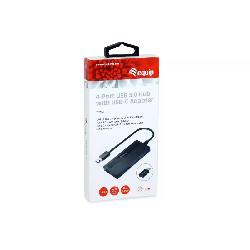Equip 4-porttinen USB 3.0 -keskitin USB-C-sovittimella