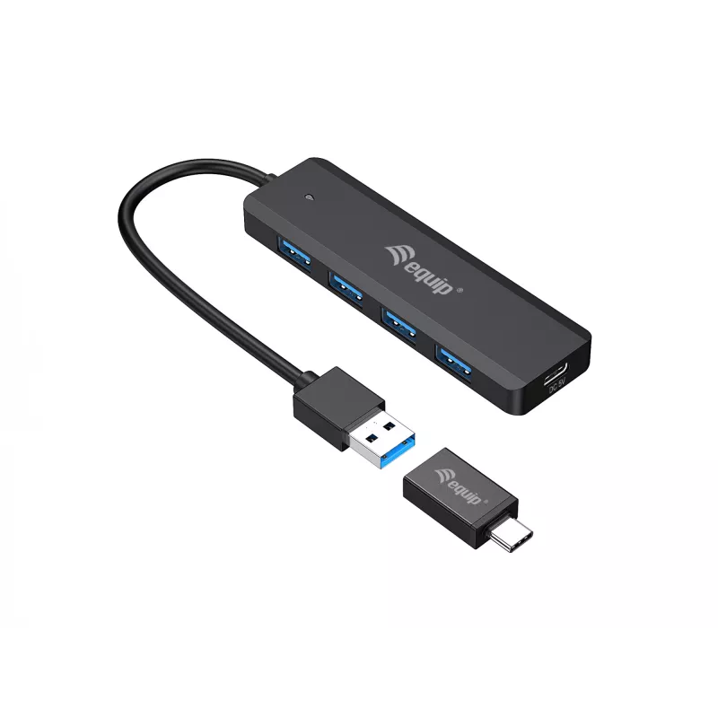 Equip 4-porttinen USB 3.2 Gen 1 -keskitin USB-C-sovittimella, musta, 5000 Mbit/s