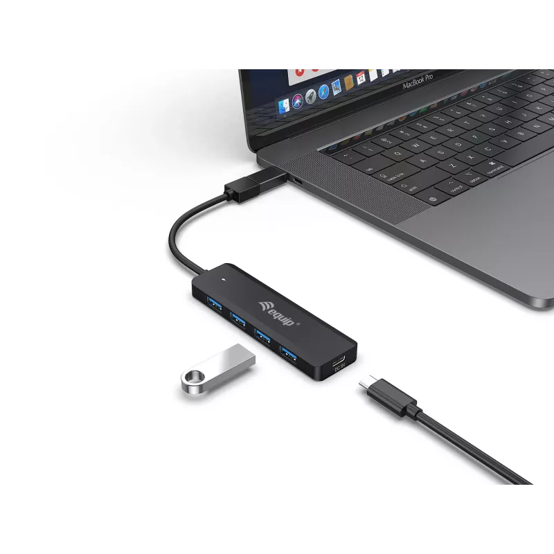 Equip 4-porttinen USB 3.2 Gen 1 -keskitin USB-C-sovittimella, musta, 5000 Mbit/s