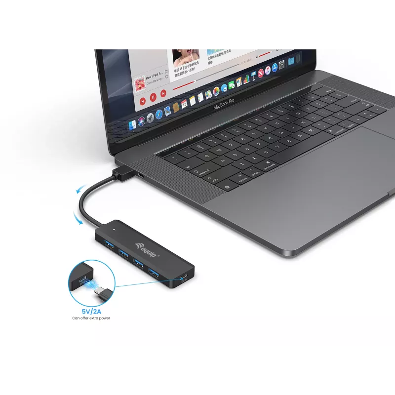 Equip 4-porttinen USB 3.2 Gen 1 -keskitin USB-C-sovittimella, musta, 5000 Mbit/s