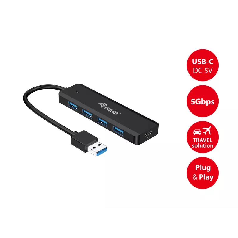 Equip 4-porttinen USB 3.2 Gen 1 -keskitin USB-C-sovittimella, musta, 5000 Mbit/s