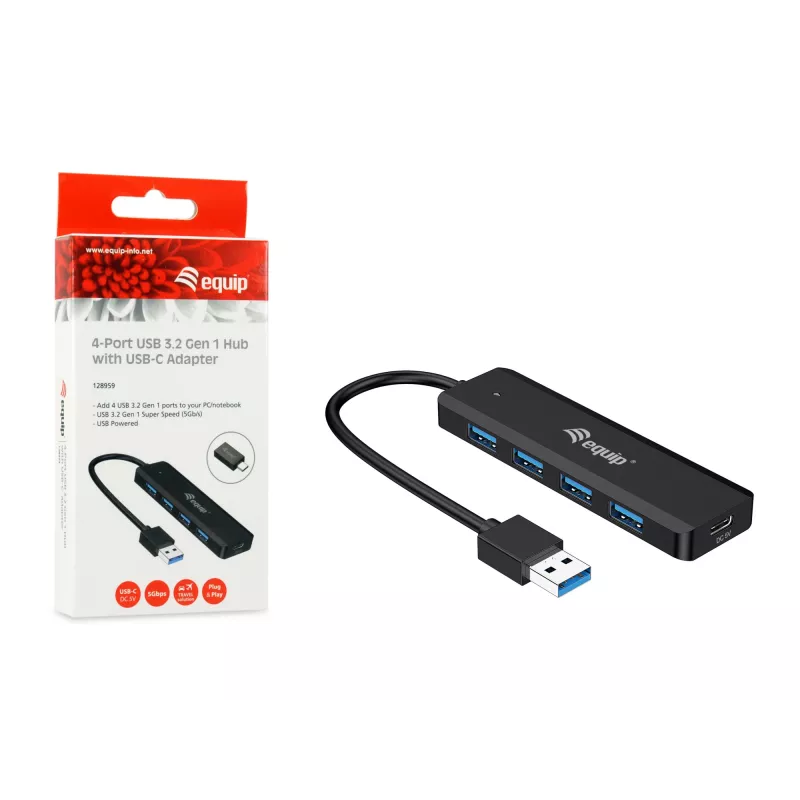 Equip 4-porttinen USB 3.2 Gen 1 -keskitin USB-C-sovittimella, musta, 5000 Mbit/s