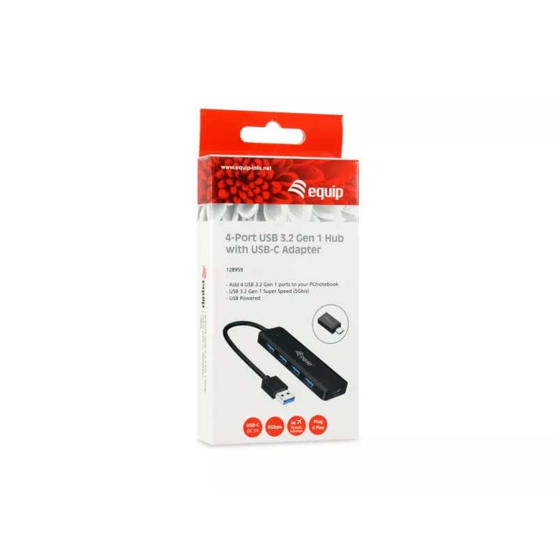 Equip 4-porttinen USB 3.2 Gen 1 -keskitin USB-C-sovittimella, musta, 5000 Mbit/s