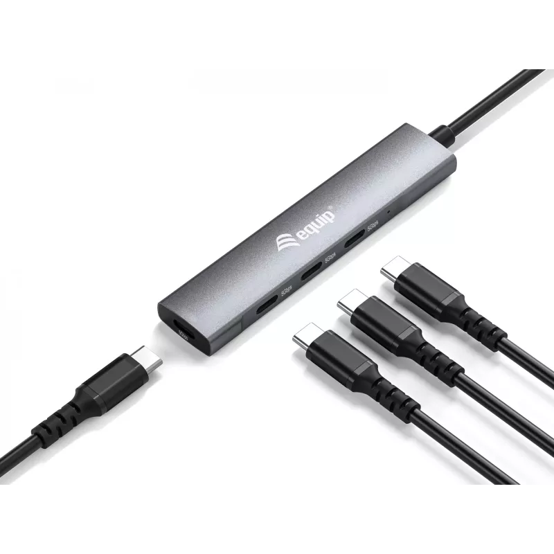 Equip 128963 USB-C 4-porttinen USB 3.2 Gen 1 (3.1 Gen 1) -keskitin, 4x USB-C, 5 Gbit/s, alumiini, ilman verkkolaitetta, musta/hopea