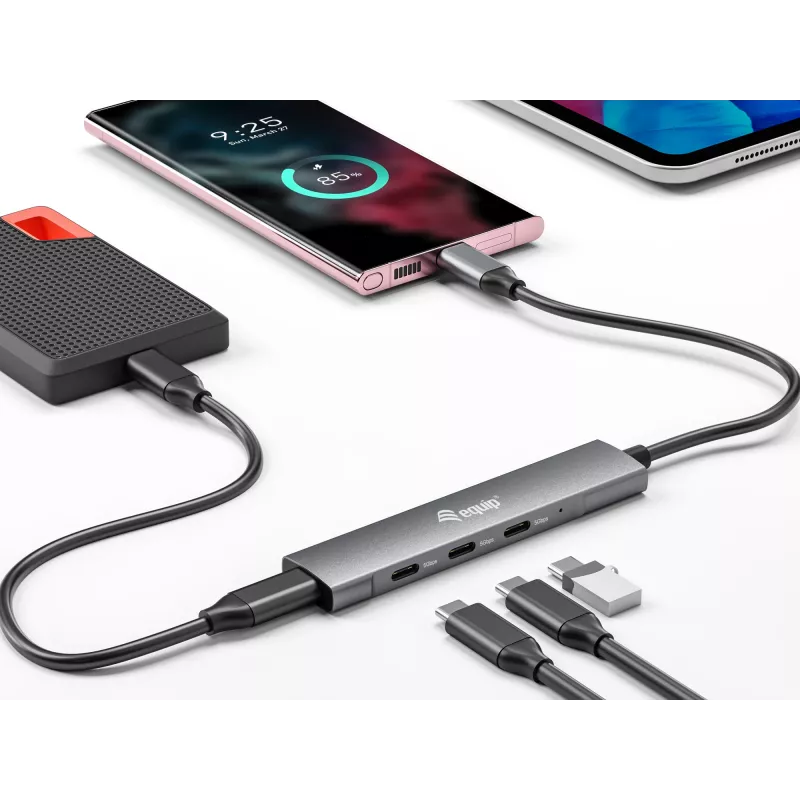 Equip 128963 USB-C 4-porttinen USB 3.2 Gen 1 (3.1 Gen 1) -keskitin, 4x USB-C, 5 Gbit/s, alumiini, ilman verkkolaitetta, musta/hopea