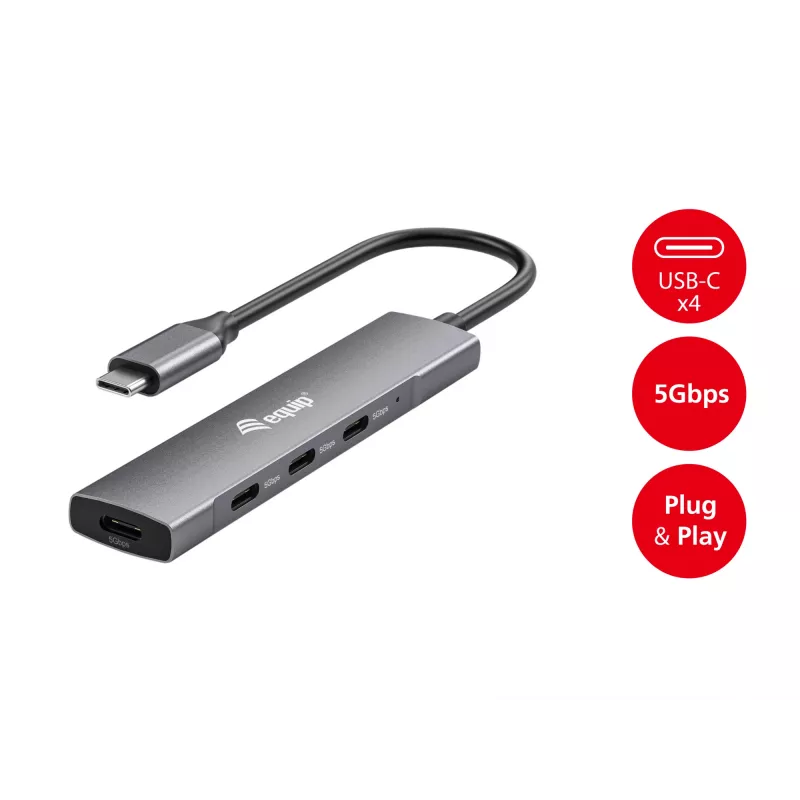 Equip 128963 USB-C 4-porttinen USB 3.2 Gen 1 (3.1 Gen 1) -keskitin, 4x USB-C, 5 Gbit/s, alumiini, ilman verkkolaitetta, musta/hopea