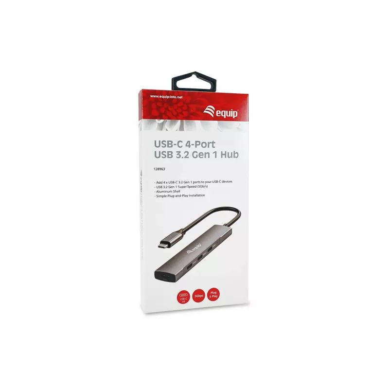 Equip 128963 USB-C 4-porttinen USB 3.2 Gen 1 (3.1 Gen 1) -keskitin, 4x USB-C, 5 Gbit/s, alumiini, ilman verkkolaitetta, musta/hopea