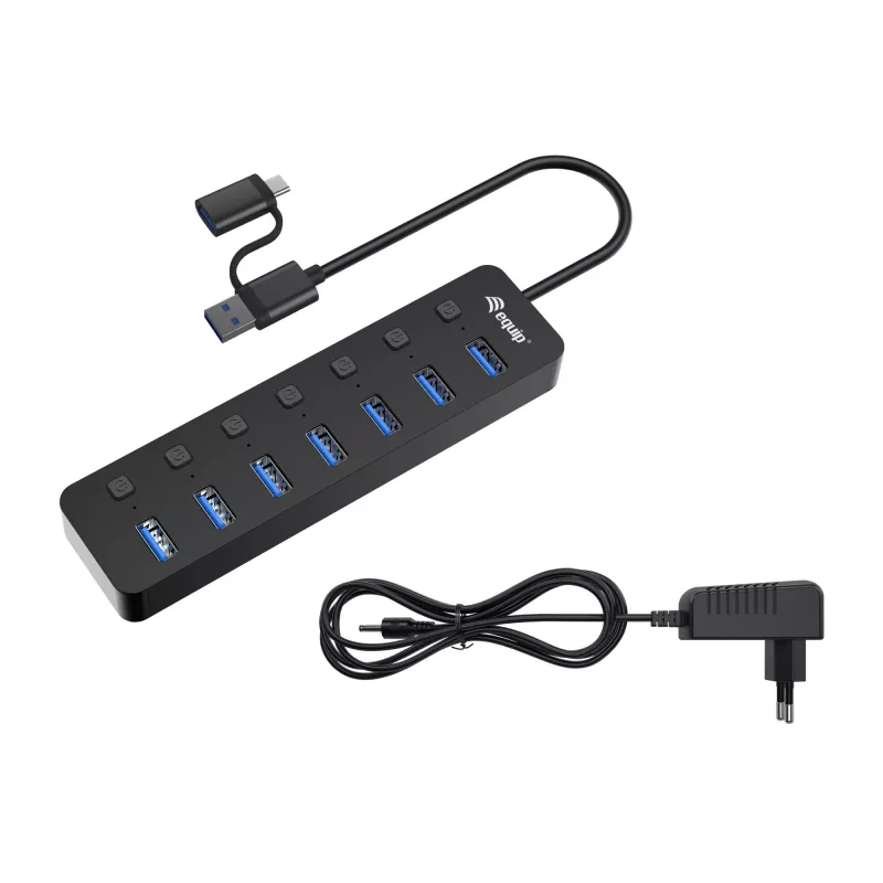 Equip 7-porttinen USB 3.2 Gen 1 -USB-keskitin verkkolaitteella