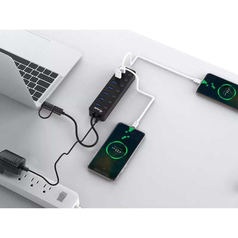 Equip 7-porttinen USB 3.2 Gen 1 -USB-keskitin verkkolaitteella