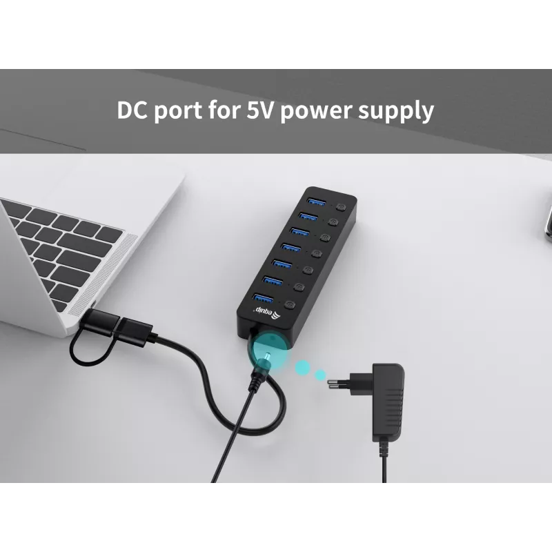 Equip 7-porttinen USB 3.2 Gen 1 -USB-keskitin verkkolaitteella