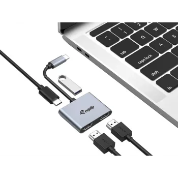 Equip USB-C 4-in-1 Dual-HDMI-sovitin, USB 3.2 Gen 1 (3.1 Gen 1) Type-C, hopea, 4K Ultra HD, 30 Hz, HDMI, alumiini