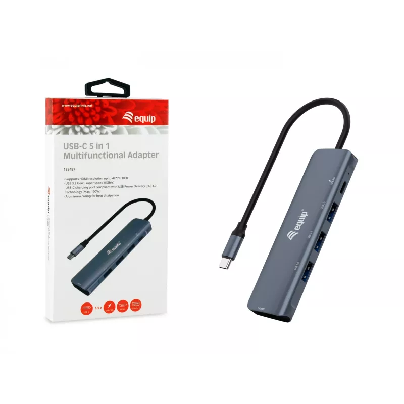 Equip USB-C 5-in-1 -moniadapteri, HDMI, USB 3.2 GEN1, 100W USB PD
