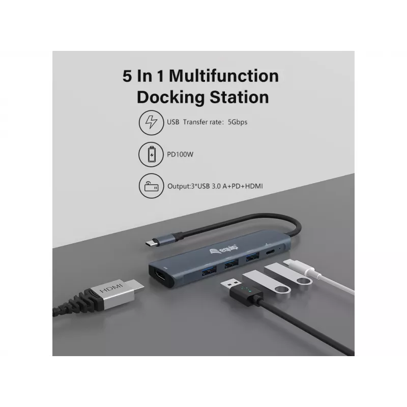 Equip USB-C 5-in-1 -moniadapteri, HDMI, USB 3.2 GEN1, 100W USB PD