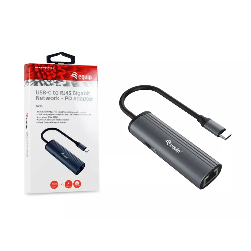 Equip USB-C - RJ45 gigabitin verkko + PD-adapteri USB Type-C 100W