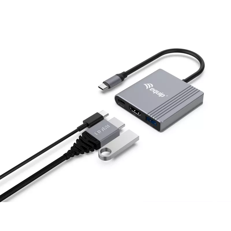 Equip 133488 3-in-1 USB-C – HDMI / USB-A / USB PD -sovitin, USB 3.2 Gen 1 (3.1 Gen 1), 4K/60 Hz, 100 W PD, alumiini, musta/harmaa
