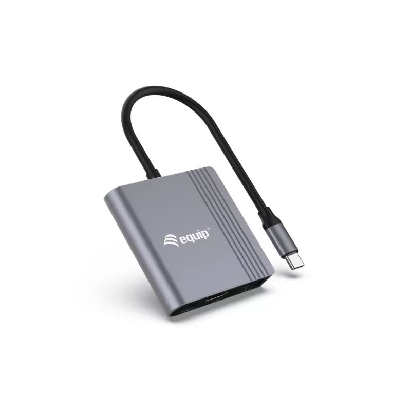 Equip 133488 3-in-1 USB-C – HDMI / USB-A / USB PD -sovitin, USB 3.2 Gen 1 (3.1 Gen 1), 4K/60 Hz, 100 W PD, alumiini, musta/harmaa