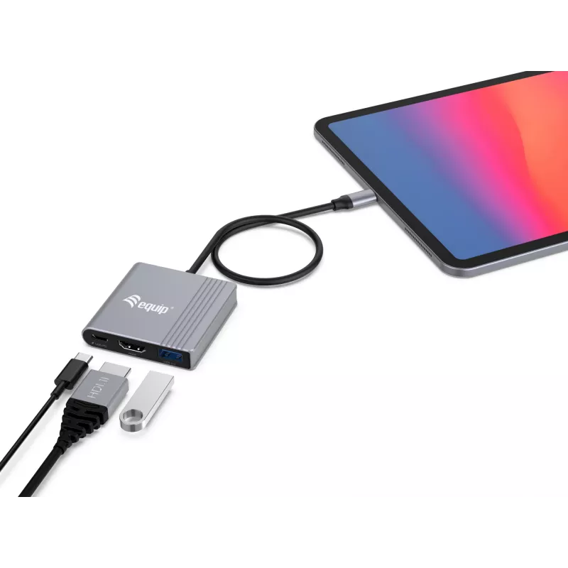 Equip 133488 3-in-1 USB-C – HDMI / USB-A / USB PD -sovitin, USB 3.2 Gen 1 (3.1 Gen 1), 4K/60 Hz, 100 W PD, alumiini, musta/harmaa
