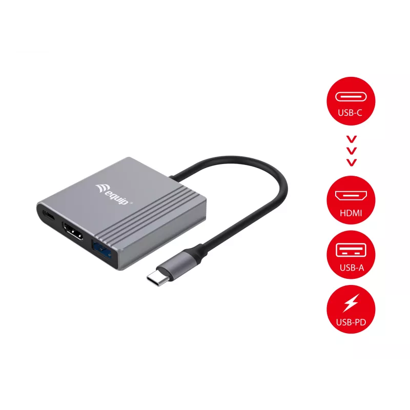 Equip 133488 3-in-1 USB-C – HDMI / USB-A / USB PD -sovitin, USB 3.2 Gen 1 (3.1 Gen 1), 4K/60 Hz, 100 W PD, alumiini, musta/harmaa