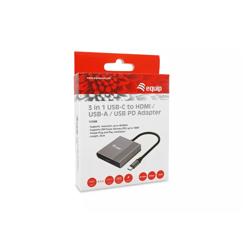 Equip 133488 3-in-1 USB-C – HDMI / USB-A / USB PD -sovitin, USB 3.2 Gen 1 (3.1 Gen 1), 4K/60 Hz, 100 W PD, alumiini, musta/harmaa