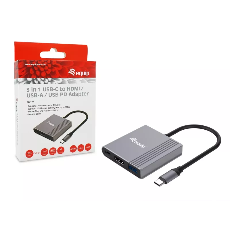 Equip 133488 3-in-1 USB-C – HDMI / USB-A / USB PD -sovitin, USB 3.2 Gen 1 (3.1 Gen 1), 4K/60 Hz, 100 W PD, alumiini, musta/harmaa