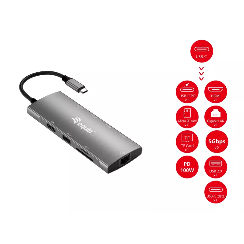 Equip USB-C 9-in-1-monitoimiadapteri, HDMI 4K/60Hz, Gigabit-LAN, USB 3.2 GEN1, SD/TF, 100W USB PD